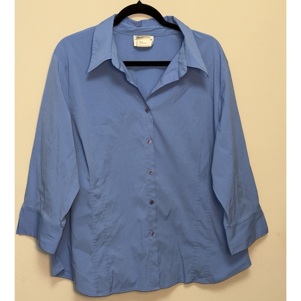 Fred David Woman Blue 3/4 Cuffed Sleeve Button‎ Down Blouse Pleats Size 2X
